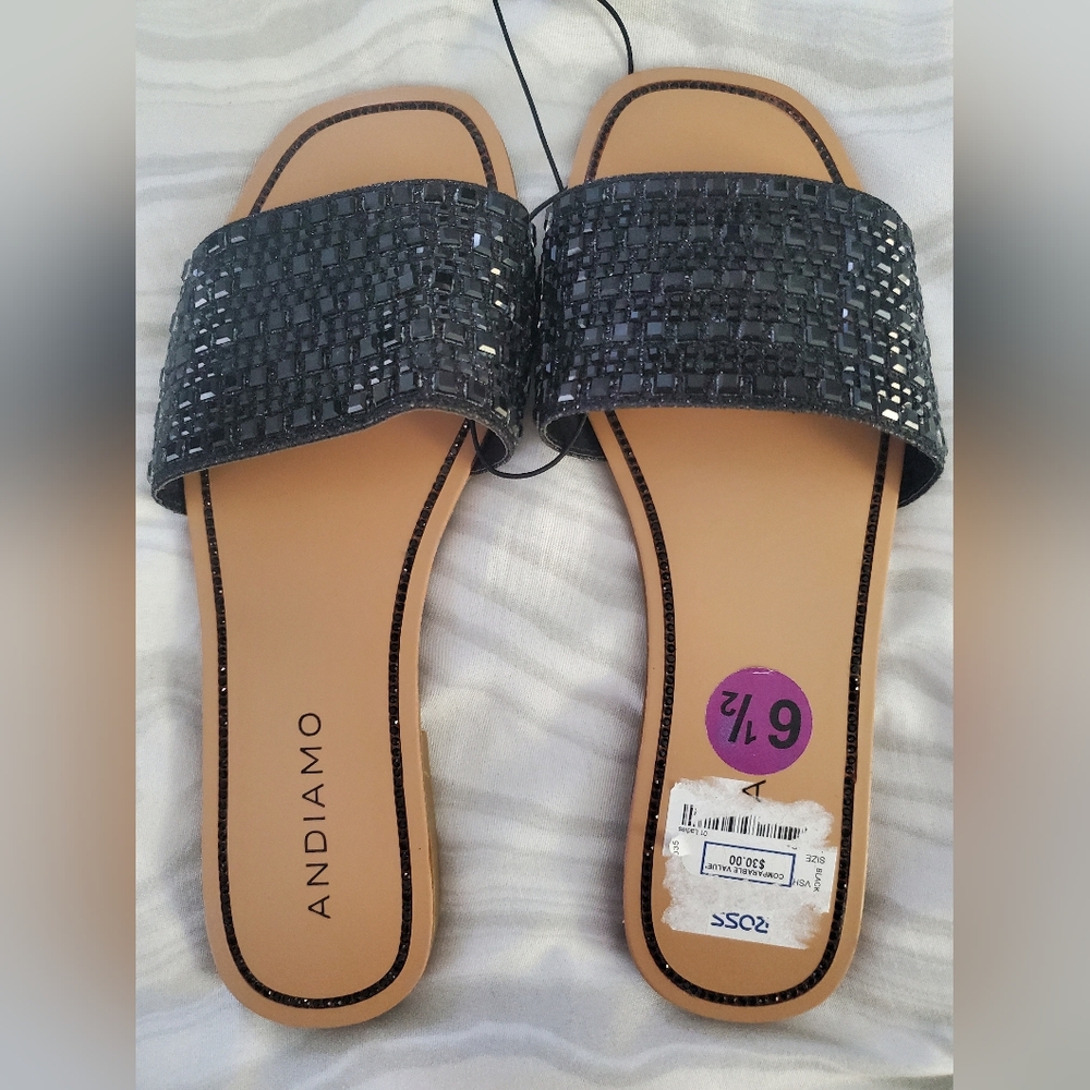 Black Slide Sandals with Shimmery Strap